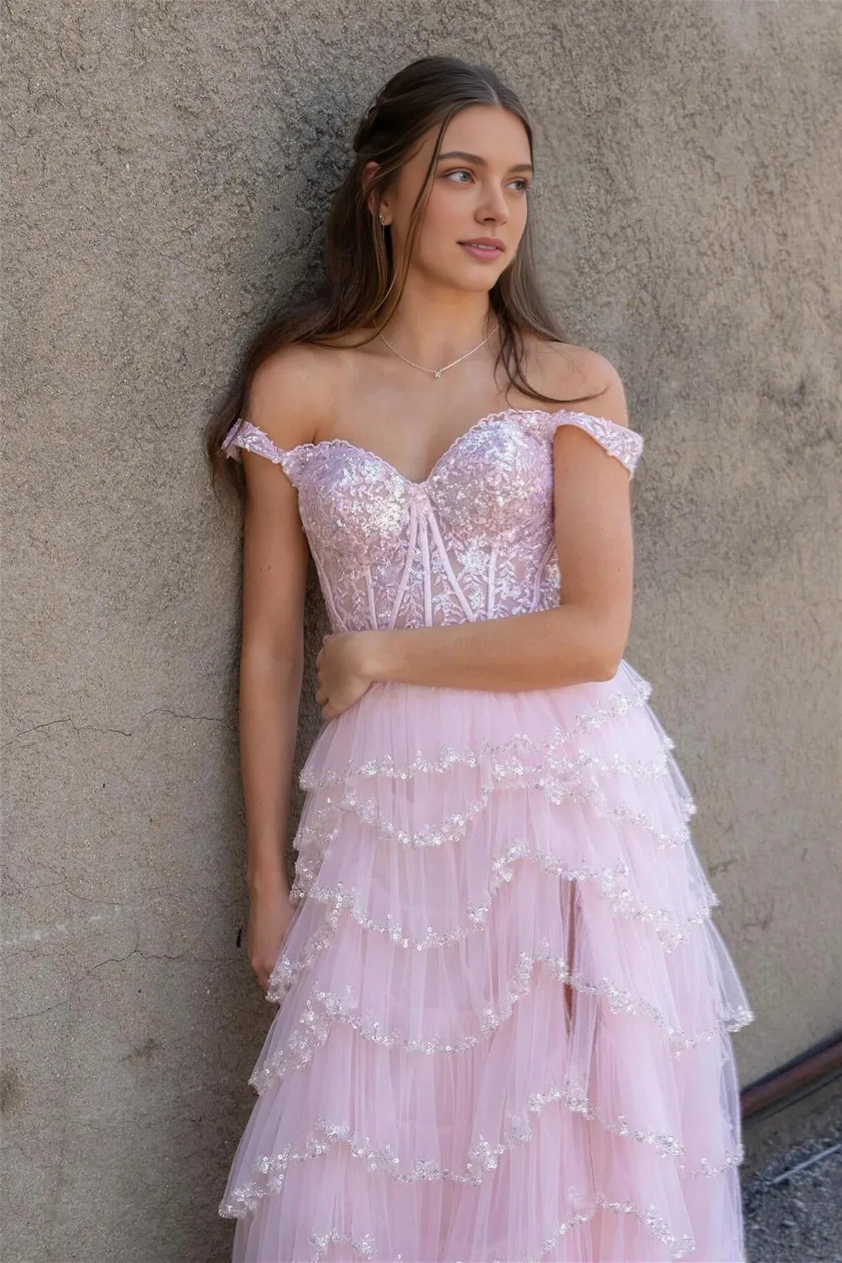 Vestido Weitese con hombros descubiertos, vestido largo escalonado con lentejuelas rosa claro, vestido de fiesta